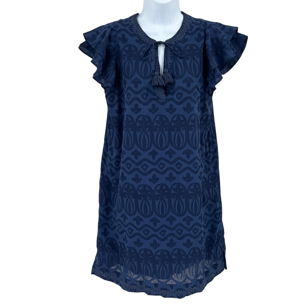 Vineyard Vines Shift Dress Womens S Navy Blue Boho Coastal Flutter Sleeve Tassel